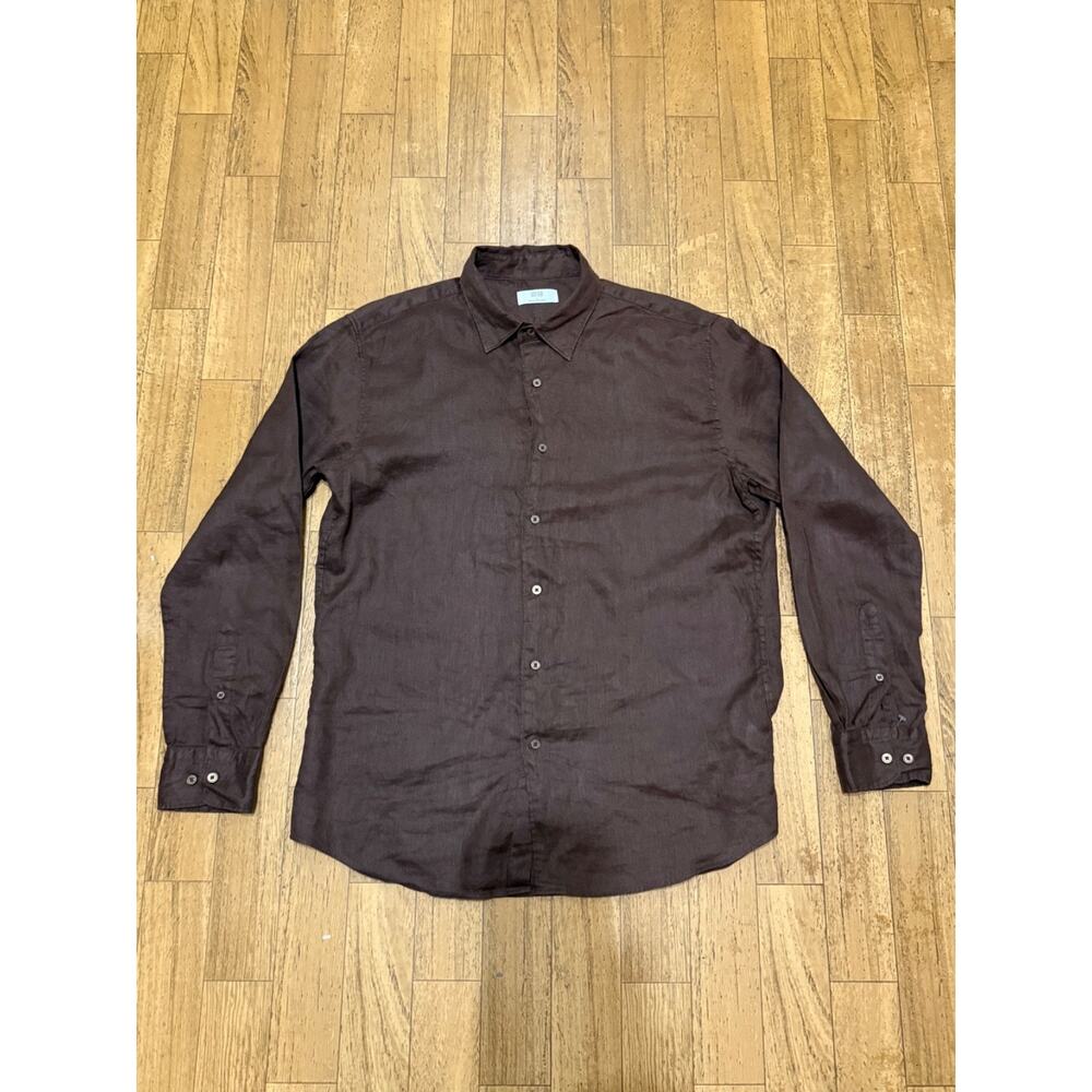 UNIQLO Shirt Mens Large Brown Linen Button Up Long Sleeve Casual Beach